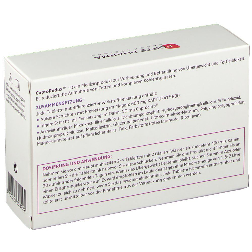 Rückseite der "CaptoRedux"-Schachtel. Text: Inhaltsstoffe, Dosierung und Anwendung. Logo "Forté Pharma".