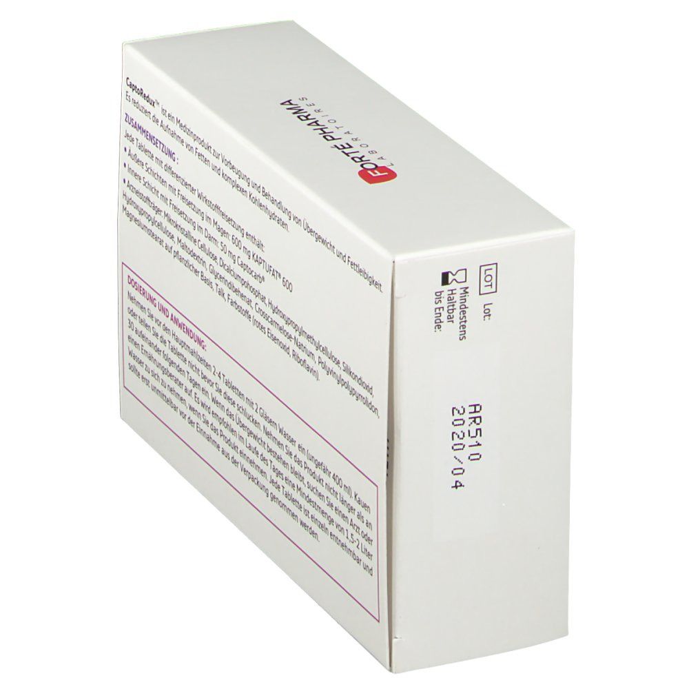 Schachtel "CaptoRedux". Text: Inhaltsstoffe, Dosierung. Logo "Forté Pharma". Mindesthaltbarkeit und Lot-Nummer.