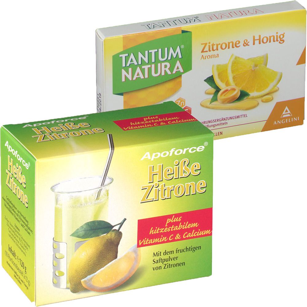 Apoforce® Heiße Zitrone 10 x 12 g Pulver + TANTUM® NATURA Zitrone & Honig 15 Pastillen