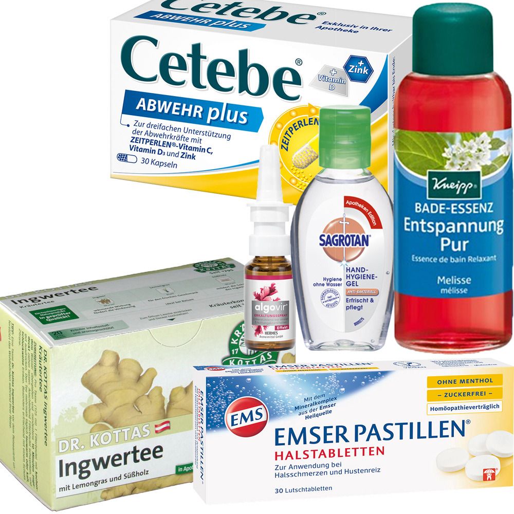 Verschiedene Gesundheitsprodukte: Tabletten, Nasenspray, Handhygienegel, Badeessenz, Hustenbonbons und Ingwertee.