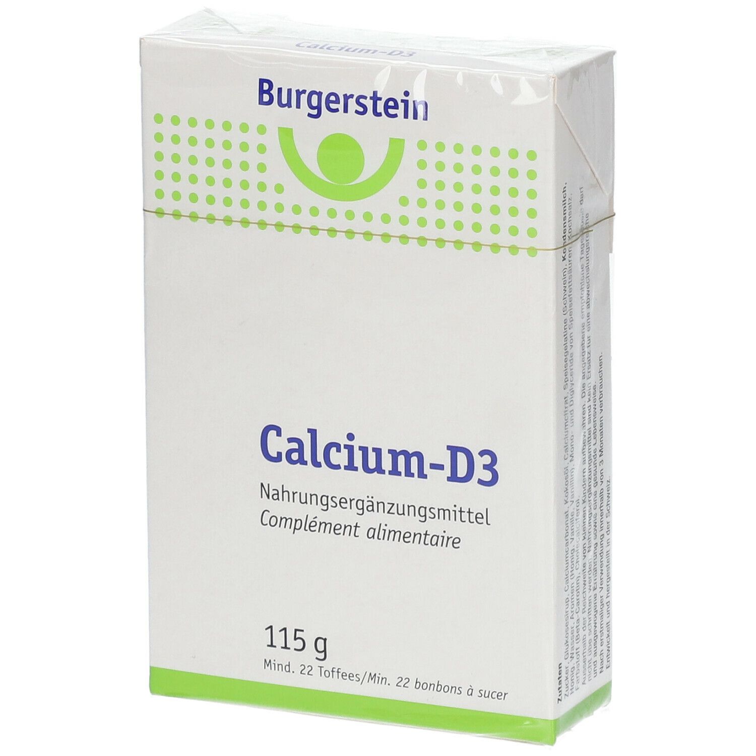 Weißer Karton mit Burgerstein-Logo und Aufschrift Calcium-D3. Enthält 115 g und mindestens 22 Toffees/Bonbons.