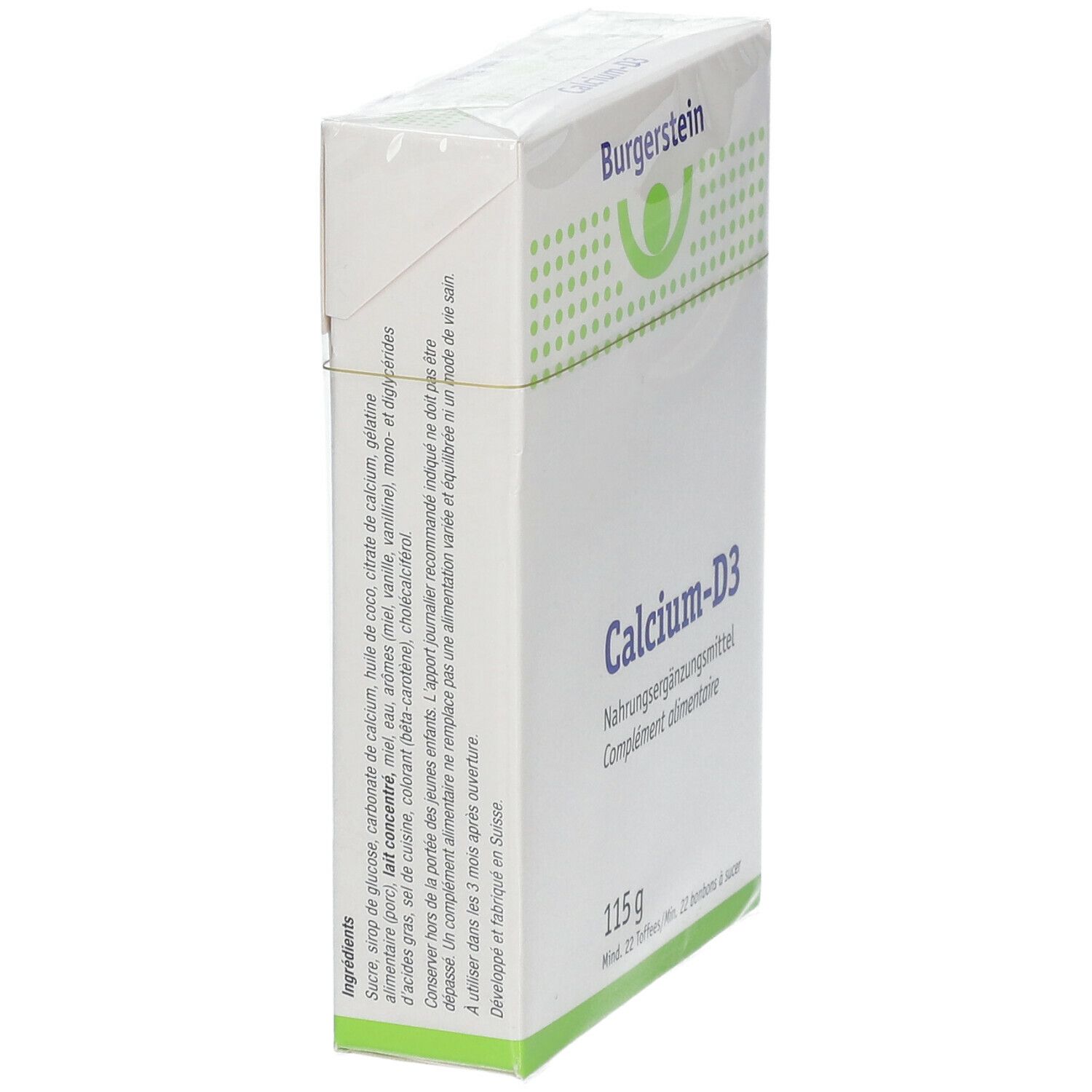Schräg gestellte, weiße Schachtel mit Burgerstein-Logo und Calcium-D3-Aufschrift. Enthält 115 g und mindestens 22 Toffees/Bonbons.