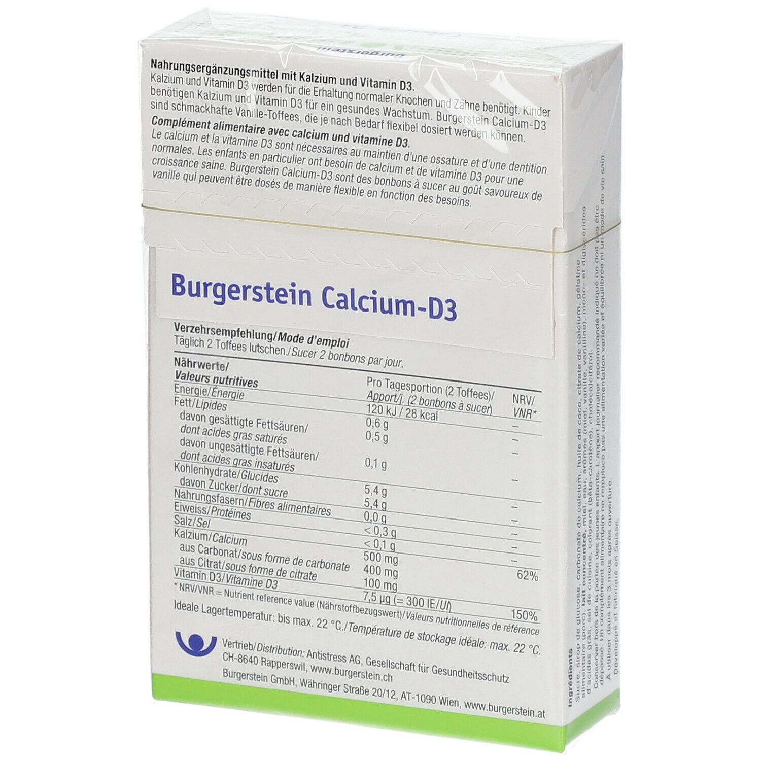 Rückseite einer weißen Schachtel mit Burgerstein Calcium-D3. Enthält Nährwertangaben und Verzehrempfehlung.