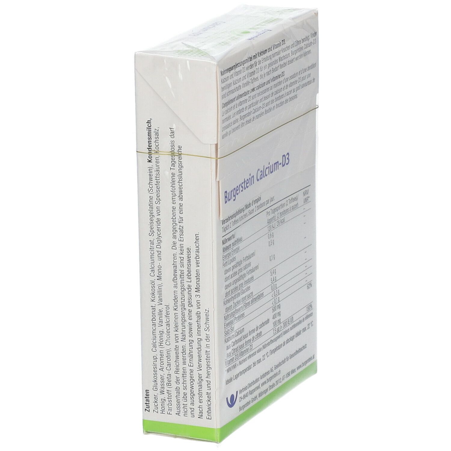 Schräg gestellte weiße Schachtel mit Burgerstein Calcium-D3. Enthält Zutatenliste und Nährwertangaben.