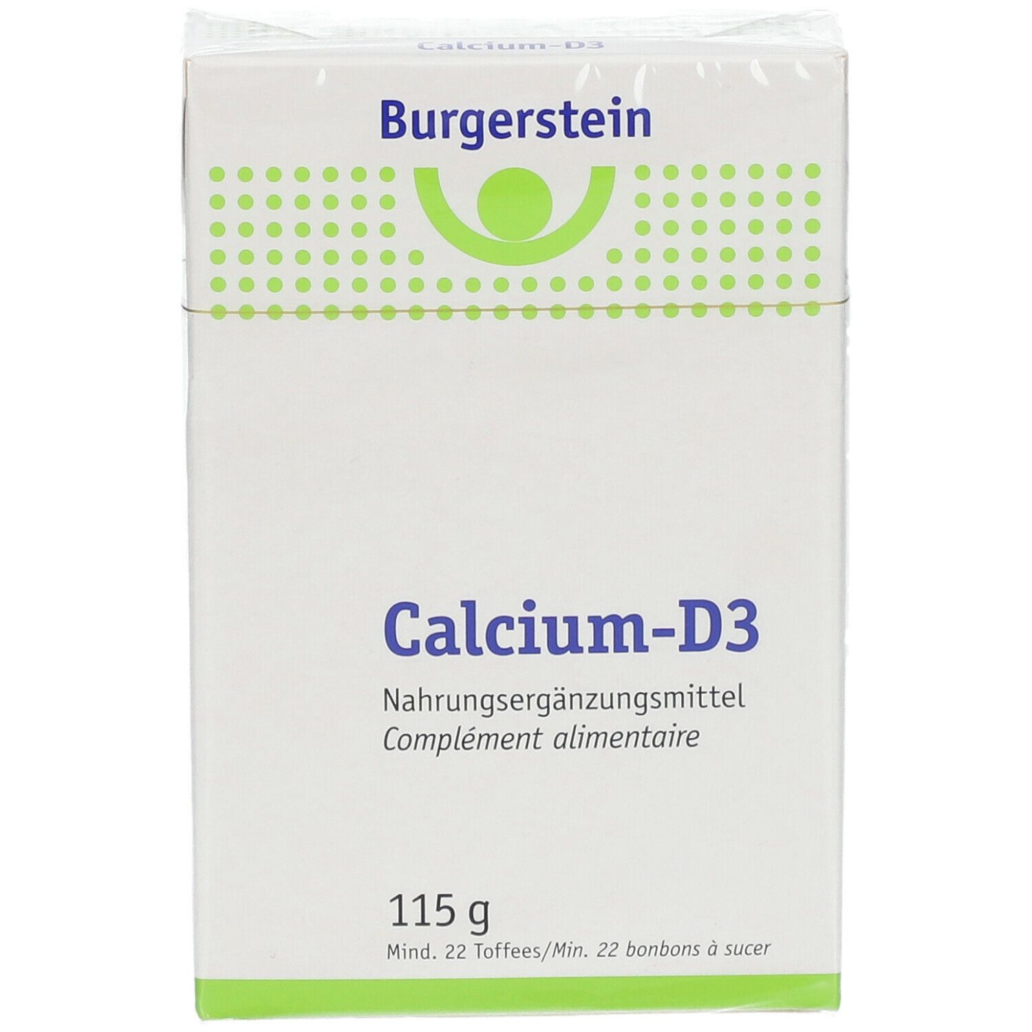 Weiße Schachtel mit Burgerstein-Logo und Aufschrift Calcium-D3. Enthält 115 g und mindestens 22 Toffees/Bonbons.
