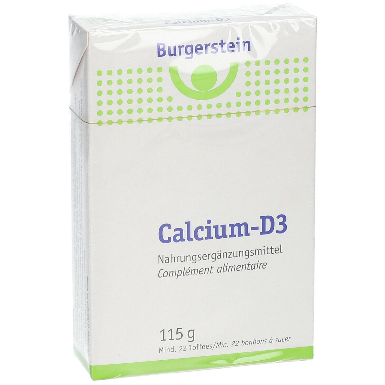 Weiße Schachtel mit Burgerstein-Logo und Aufschrift Calcium-D3. Enthält 115 g und mindestens 22 Toffees/Bonbons.