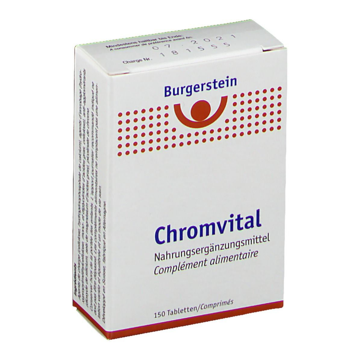 Weiße Schachtel mit Burgerstein-Logo und Aufschrift Chromvital. Enthält 150 Tabletten. Nahrungsergänzungsmittel.