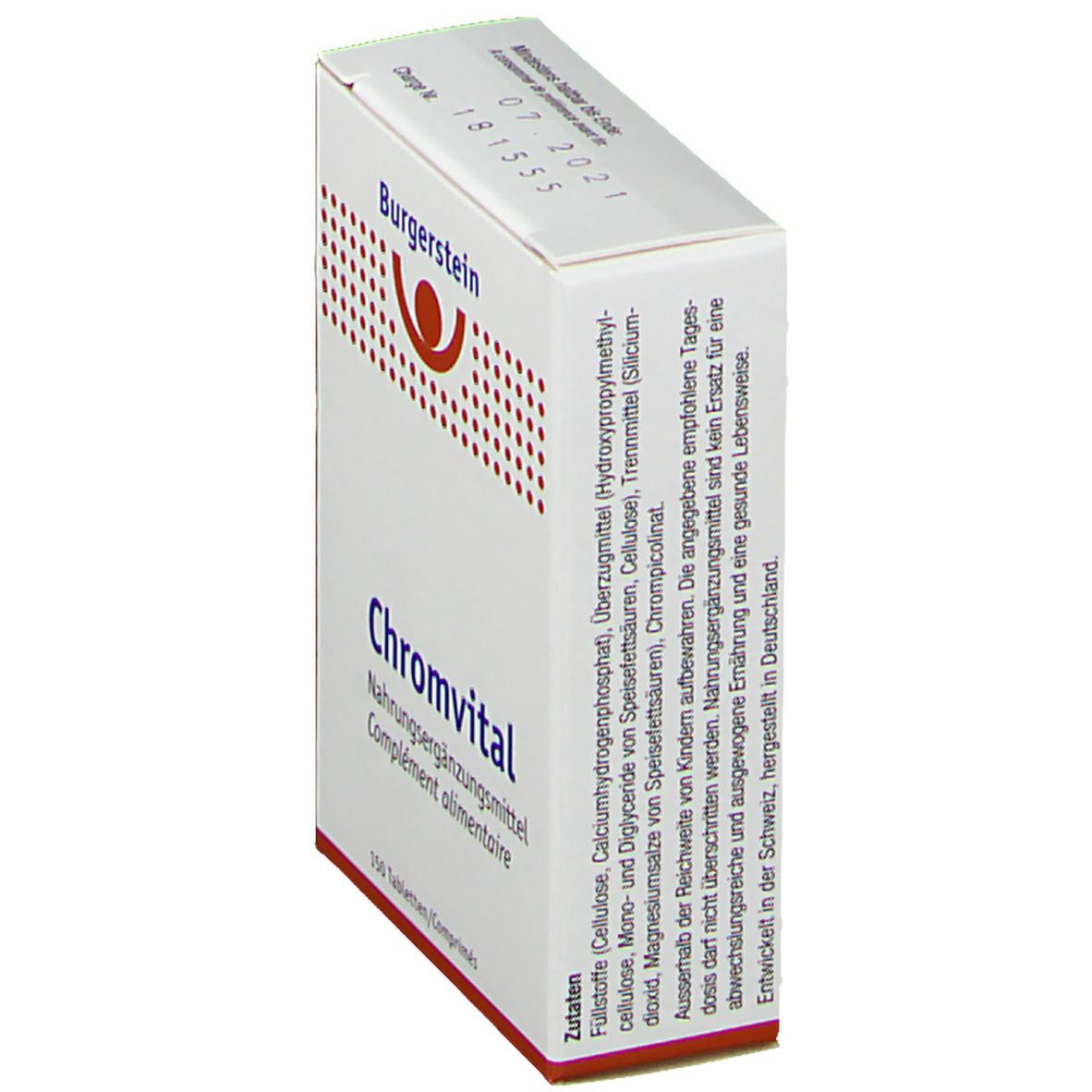 Schachtel Burgerstein Chromvital, Seitenansicht. Enthält Inhaltsstoffe und Herstellerinformationen. Nahrungsergänzungsmittel.