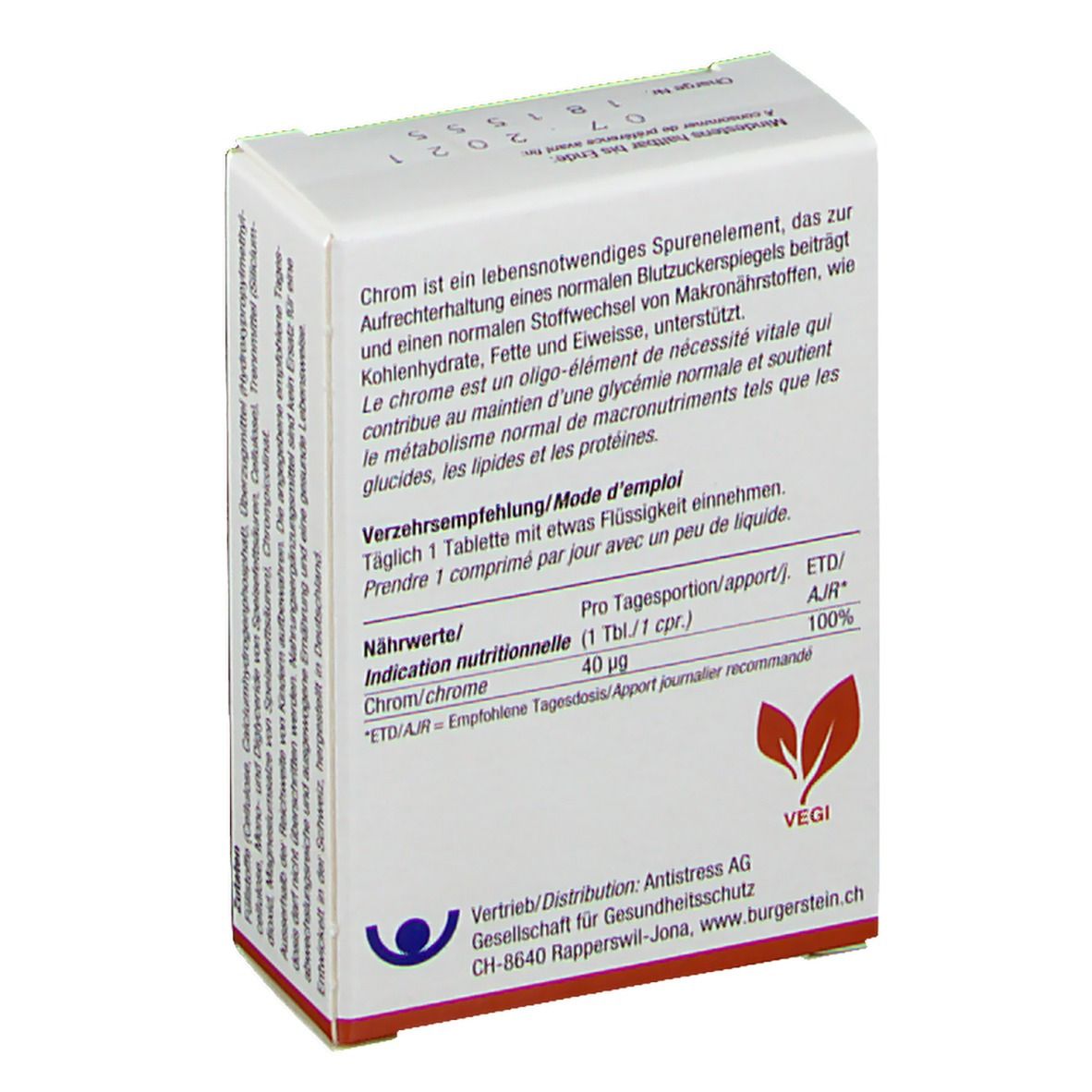 Schachtel Burgerstein Chromvital, Rückseite mit Produktinformationen und Nährwertangaben. Veganes Produkt.
