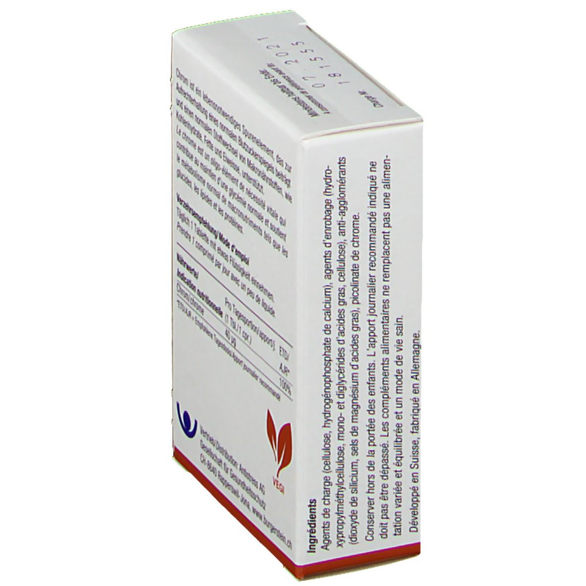 Schachtel Burgerstein Chromvital, Seitenansicht mit Produktinformationen. Hergestellt in Deutschland.