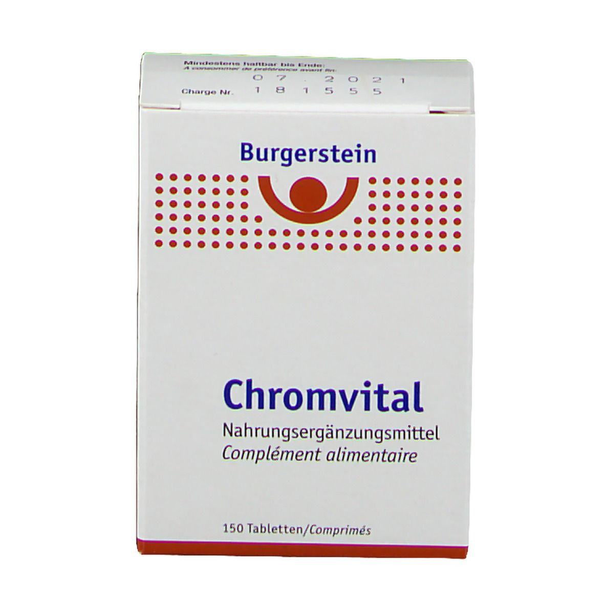 Weiße Schachtel mit Burgerstein-Logo und Aufschrift Chromvital. Enthält 150 Tabletten. Nahrungsergänzungsmittel.