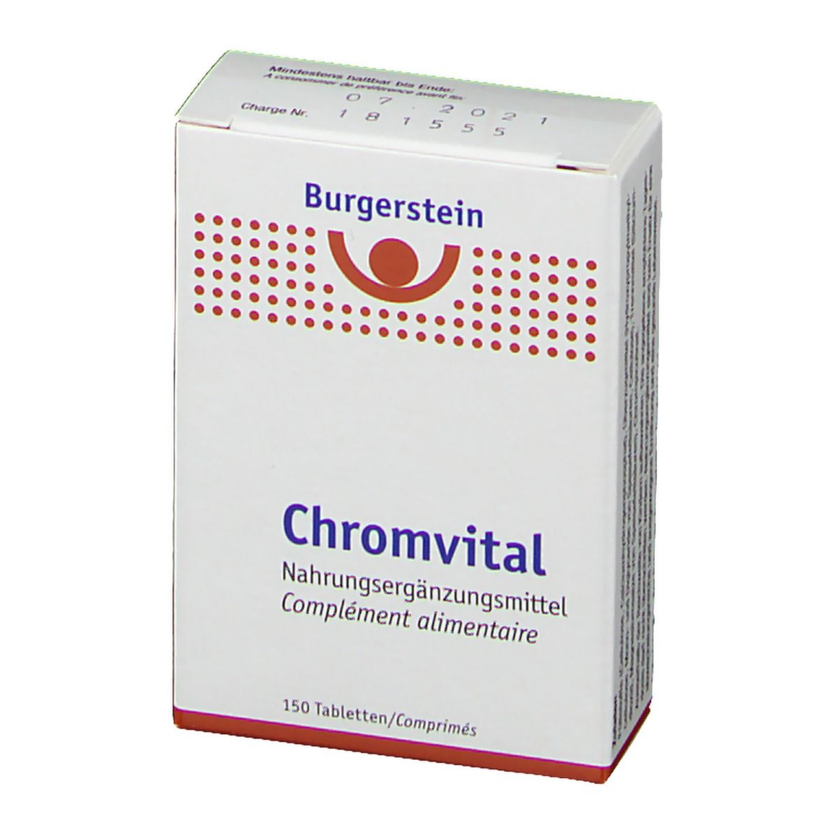 Weiße Schachtel mit Burgerstein-Logo und Aufschrift Chromvital. Enthält 150 Tabletten. Nahrungsergänzungsmittel.