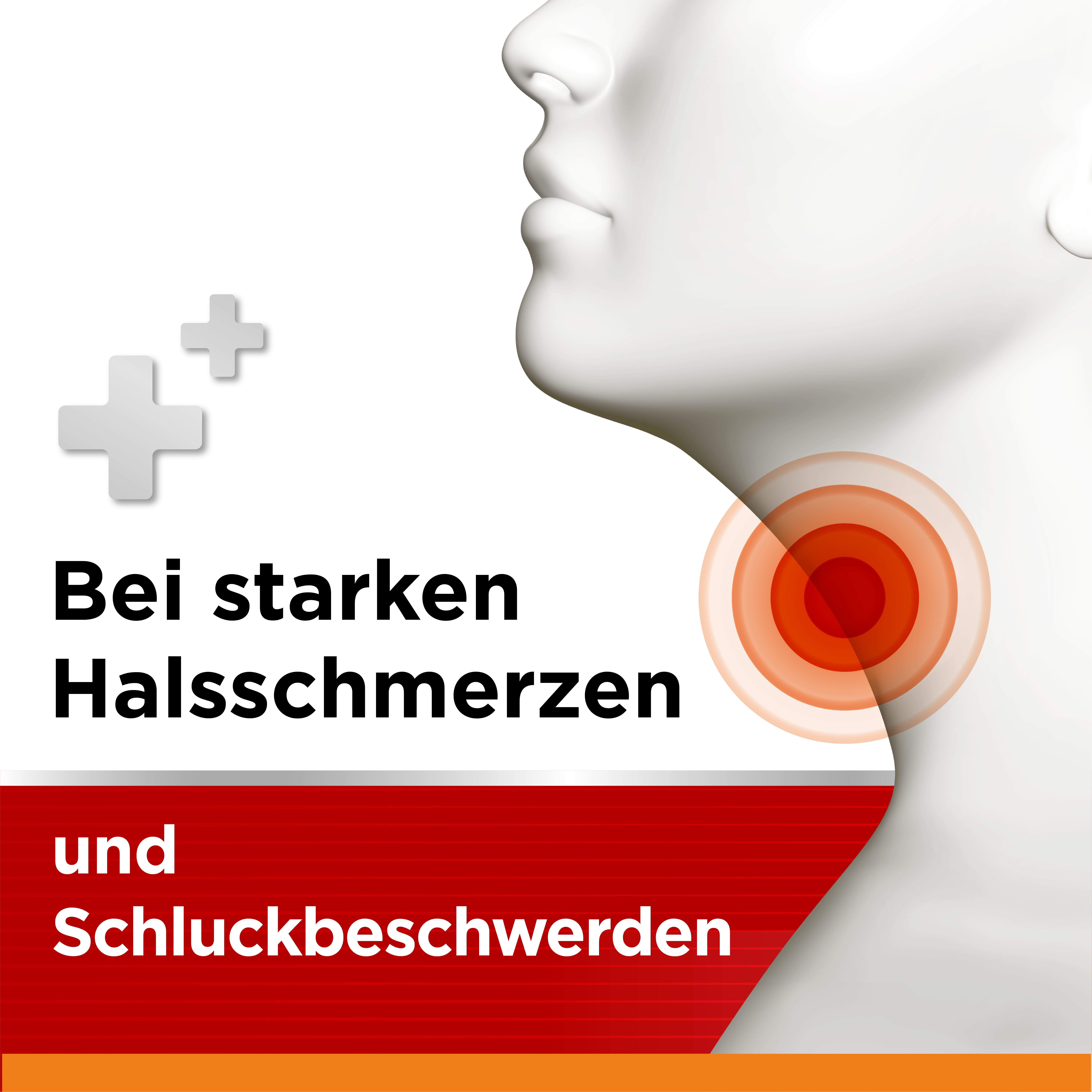 Hals-Illustration mit rotem Bereich. Text: Bei starken Halsschmerzen und Schluckbeschwerden.
