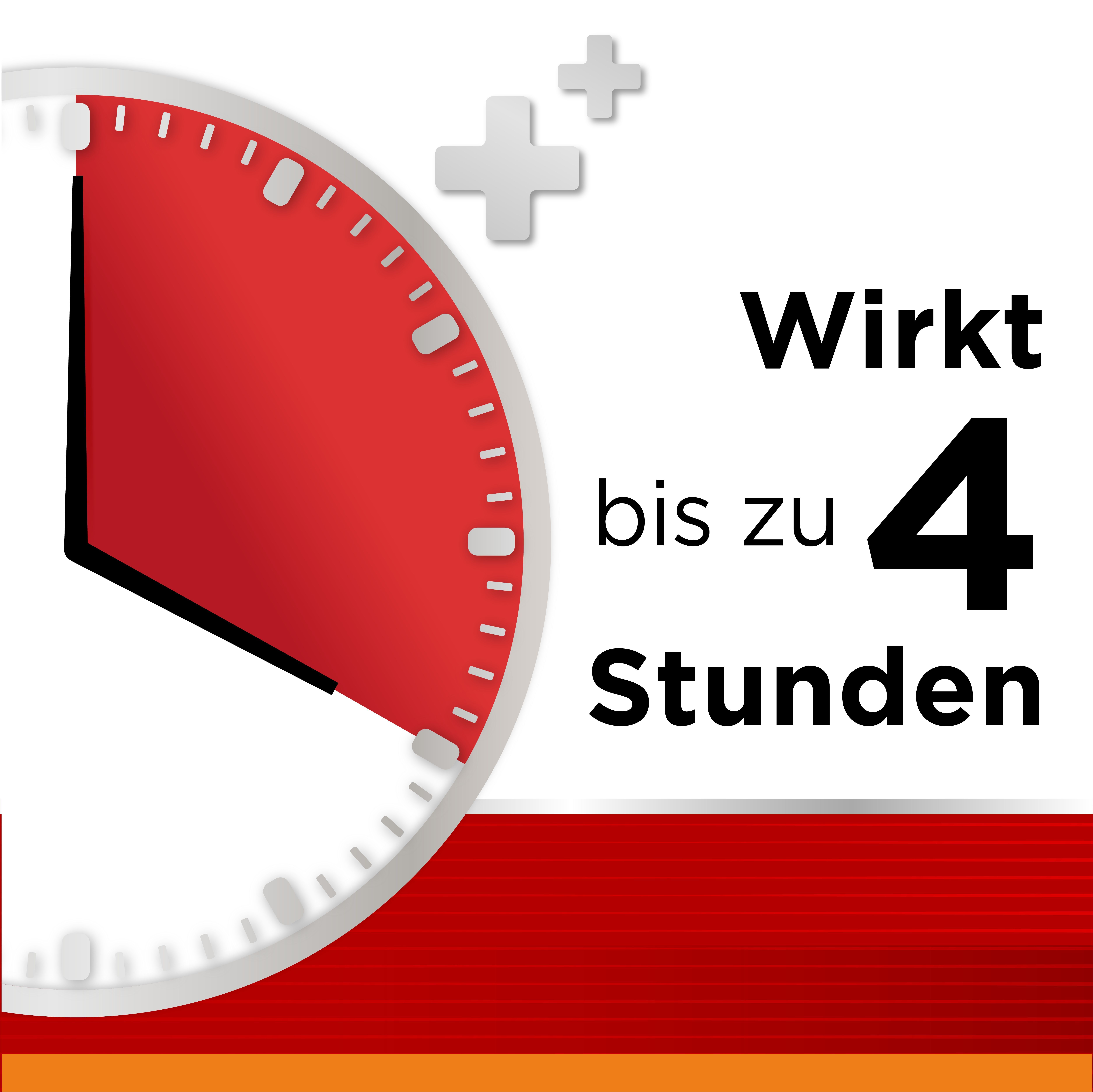 Uhr mit rotem Zifferblatt. Text: Wirkt bis zu 4 Stunden.