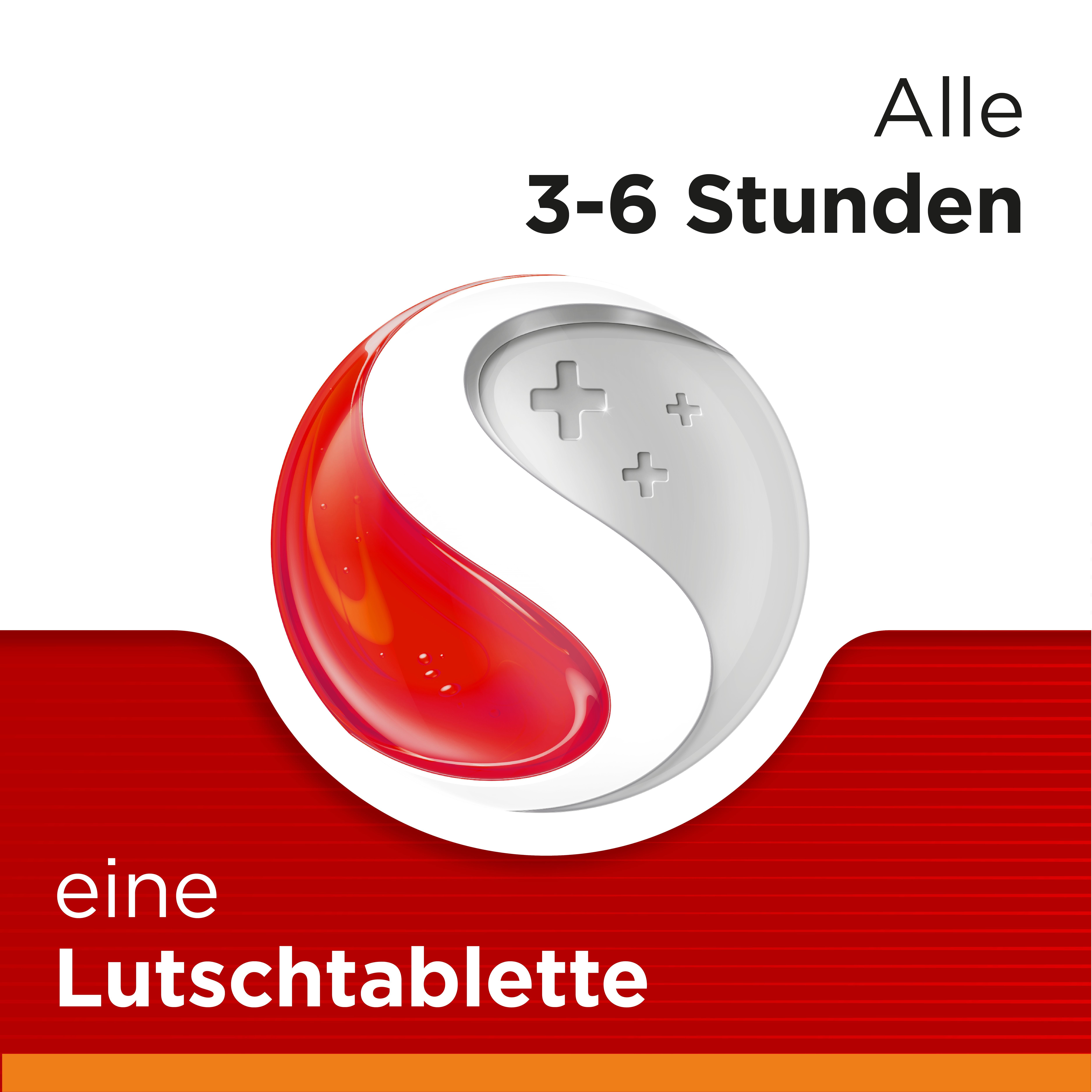 Symbol mit rotem Tropfen. Text: Alle 3-6 Stunden eine Lutschtablette.