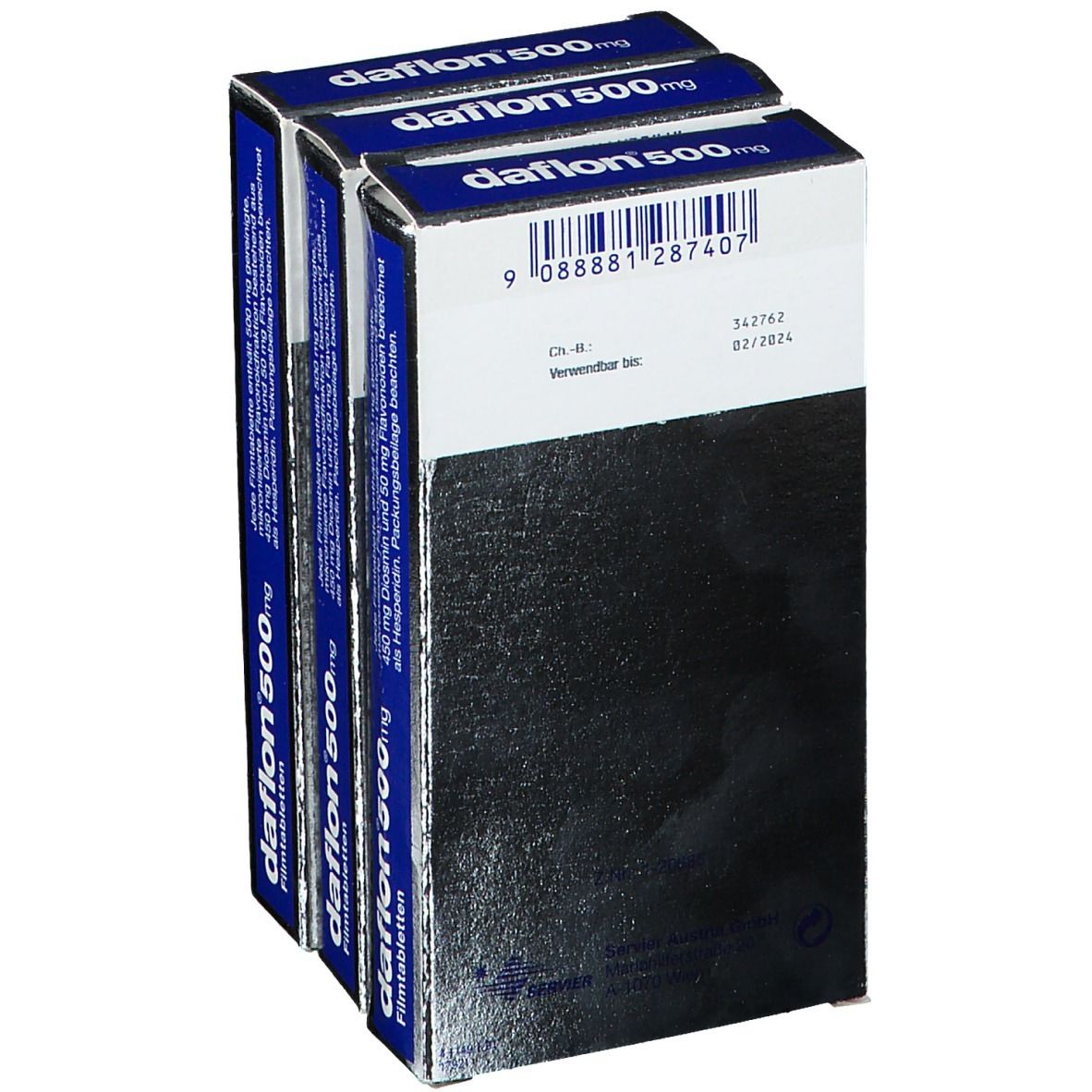Drei Daflon 500mg Schachteln. Blaue Verpackung mit weißer Schrift. 30 Filmtabletten. Mikronisierte Flavonoidfraktion.