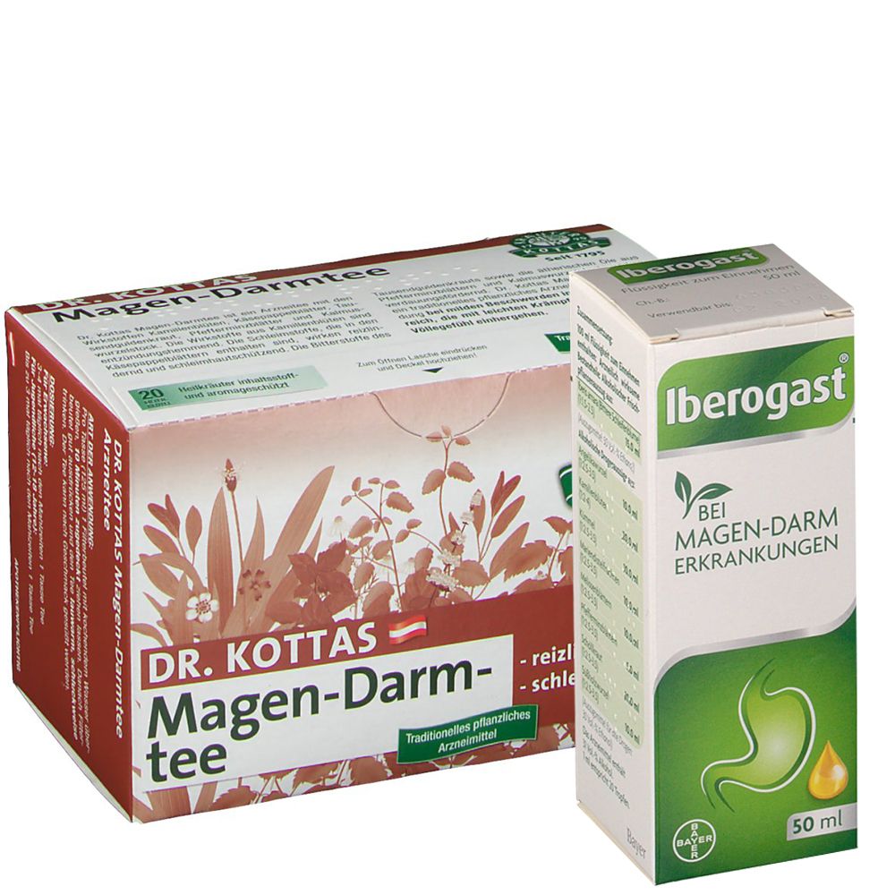 Packung Dr. Kottas Magen-Darmtee und Schachtel Iberogast. Beide Produkte sind weiß, grün und braun bedruckt.