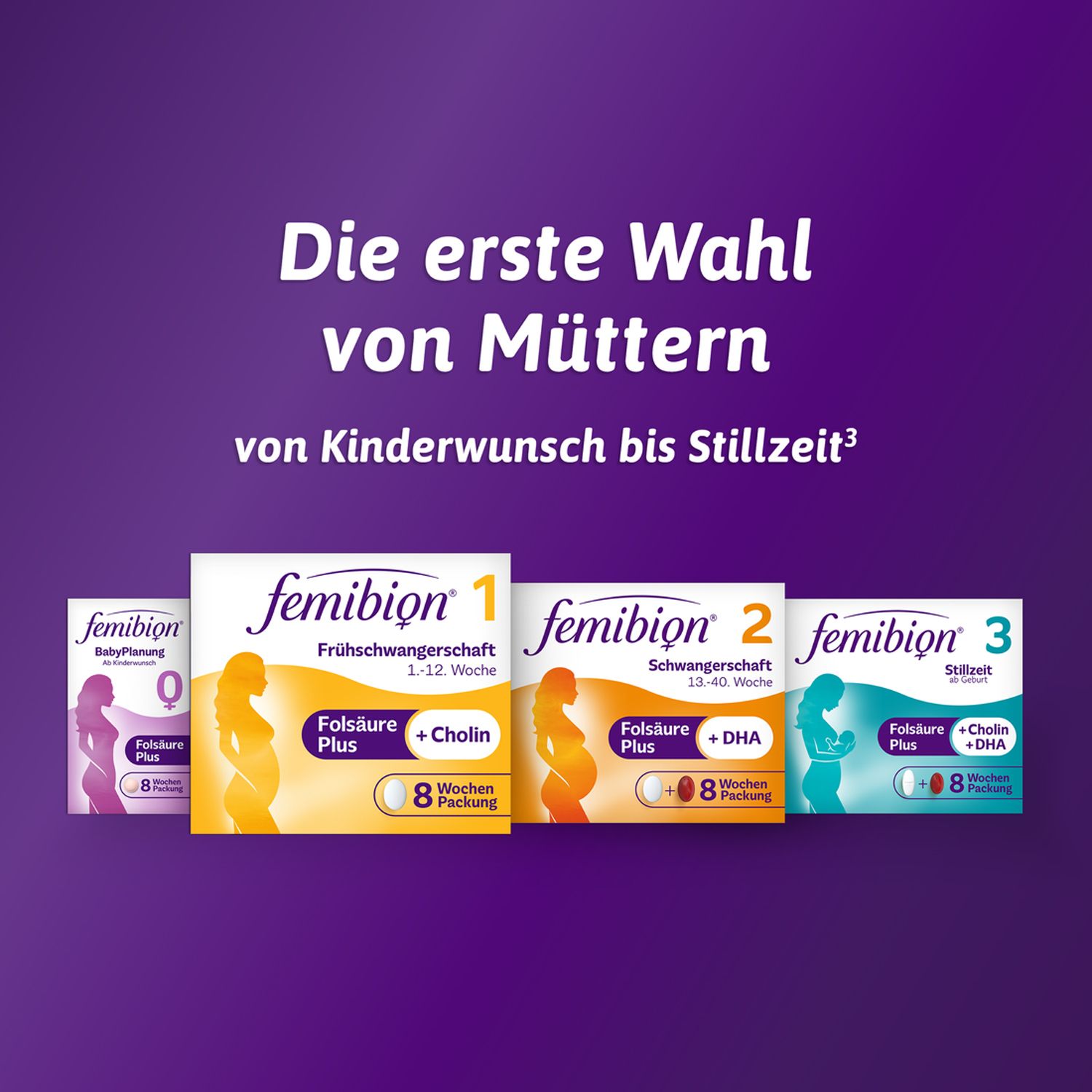 Vier Packungen Femibion®. Text: Die erste Wahl von Müttern von Kinderwunsch bis Stillzeit.