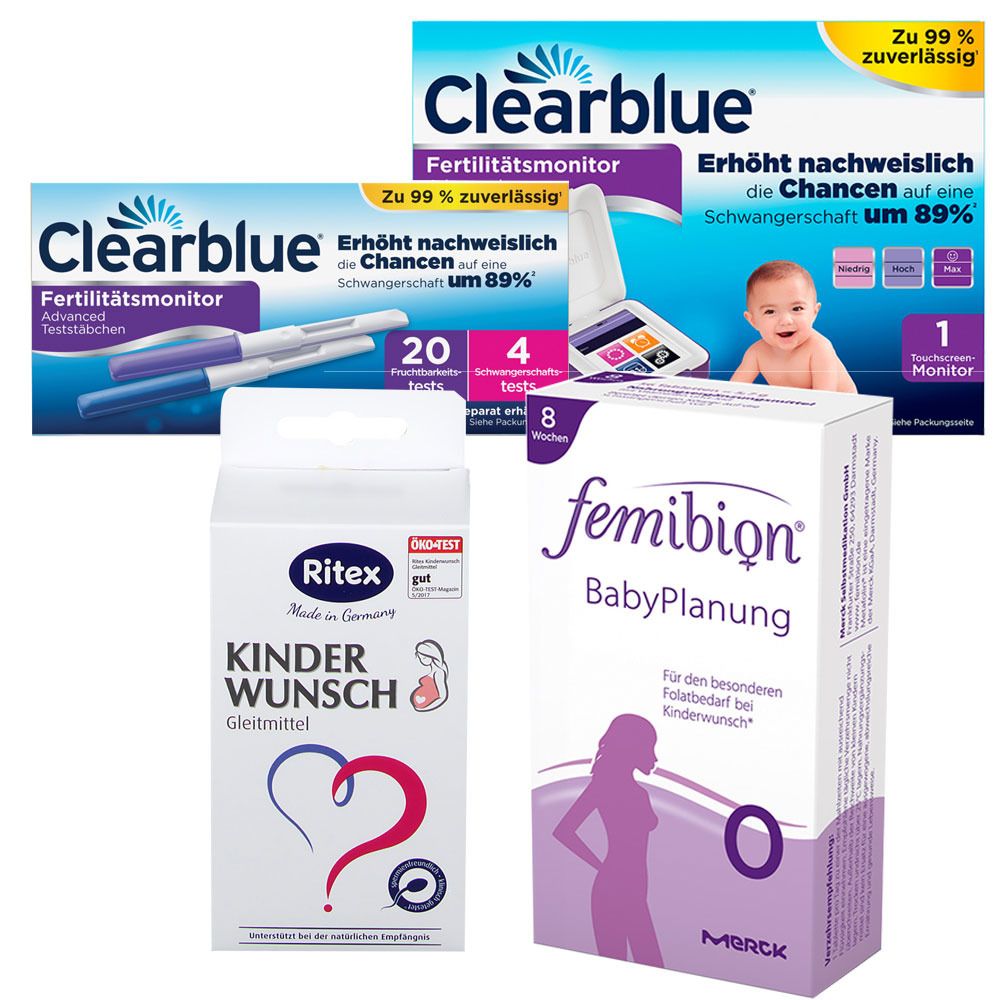 CLEARBLUE Fertilitätsmonitor 2.0 und Teststäbchen + FEMIBION  Babyplanung + RITEX Kinderwunsch