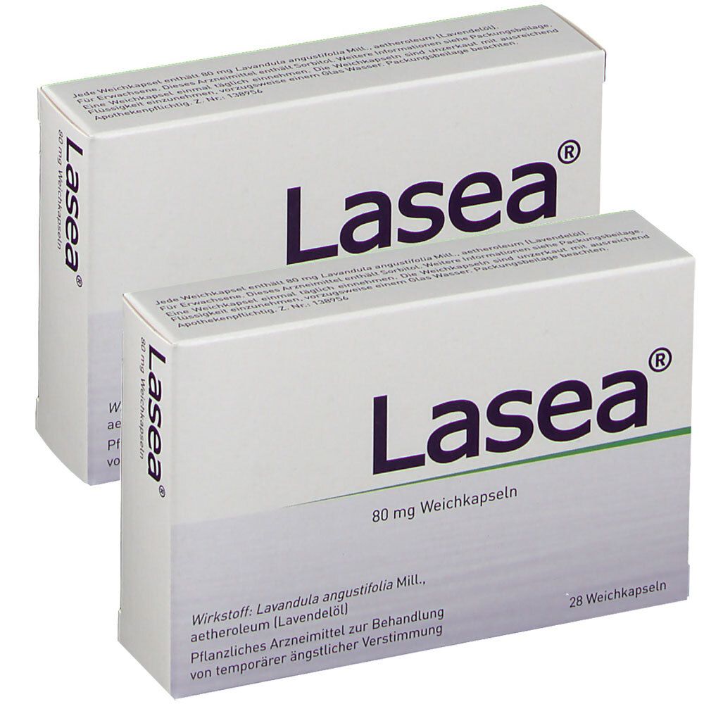 Zwei weiße Schachteln mit der Aufschrift "Lasea". Auf einer Schachtel steht "80 mg Weichkapseln".