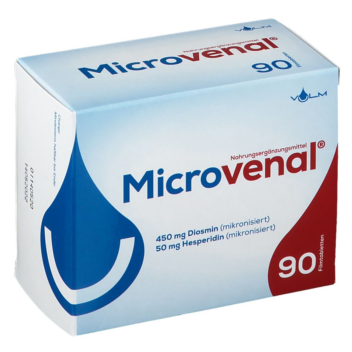 Schachtel mit "Microvenal"-Tabletten. Blaue und rote Elemente. Enthält 90 Tabletten. Enthält Diosmin und Hesperidin.