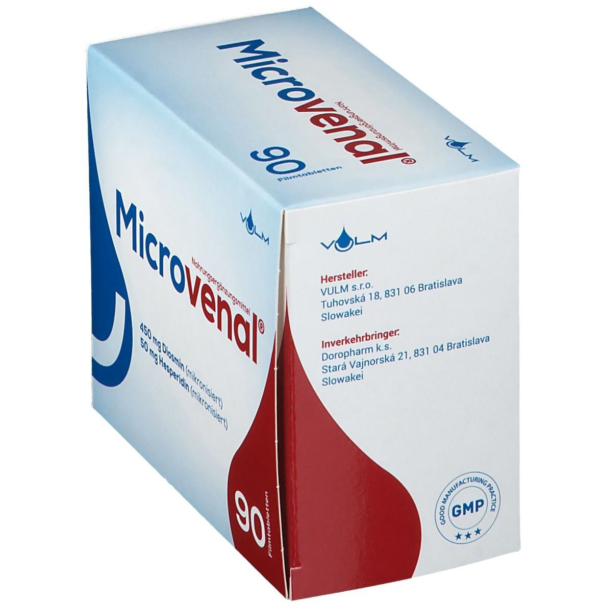 Schachtel "Microvenal" mit 90 Tabletten. Blaue und rote Elemente. Herstellerinformationen auf der Seite. GMP-Zeichen.