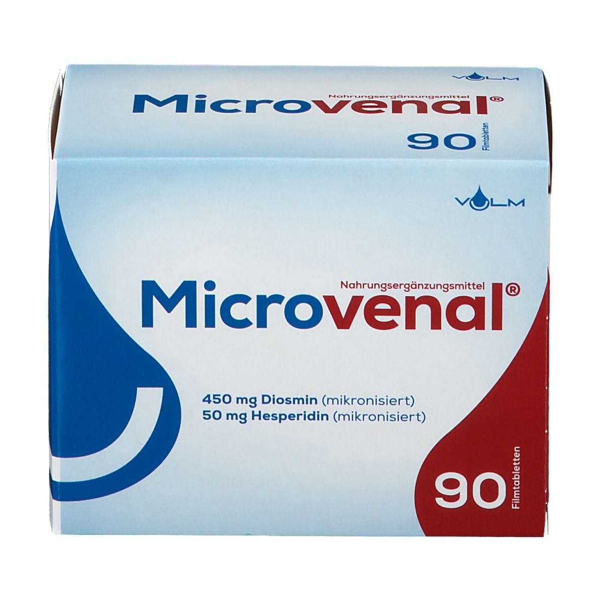Schachtel "Microvenal" mit 90 Tabletten. Blaue und rote Elemente. Enthält Diosmin und Hesperidin. Nahrungsergänzungsmittel.