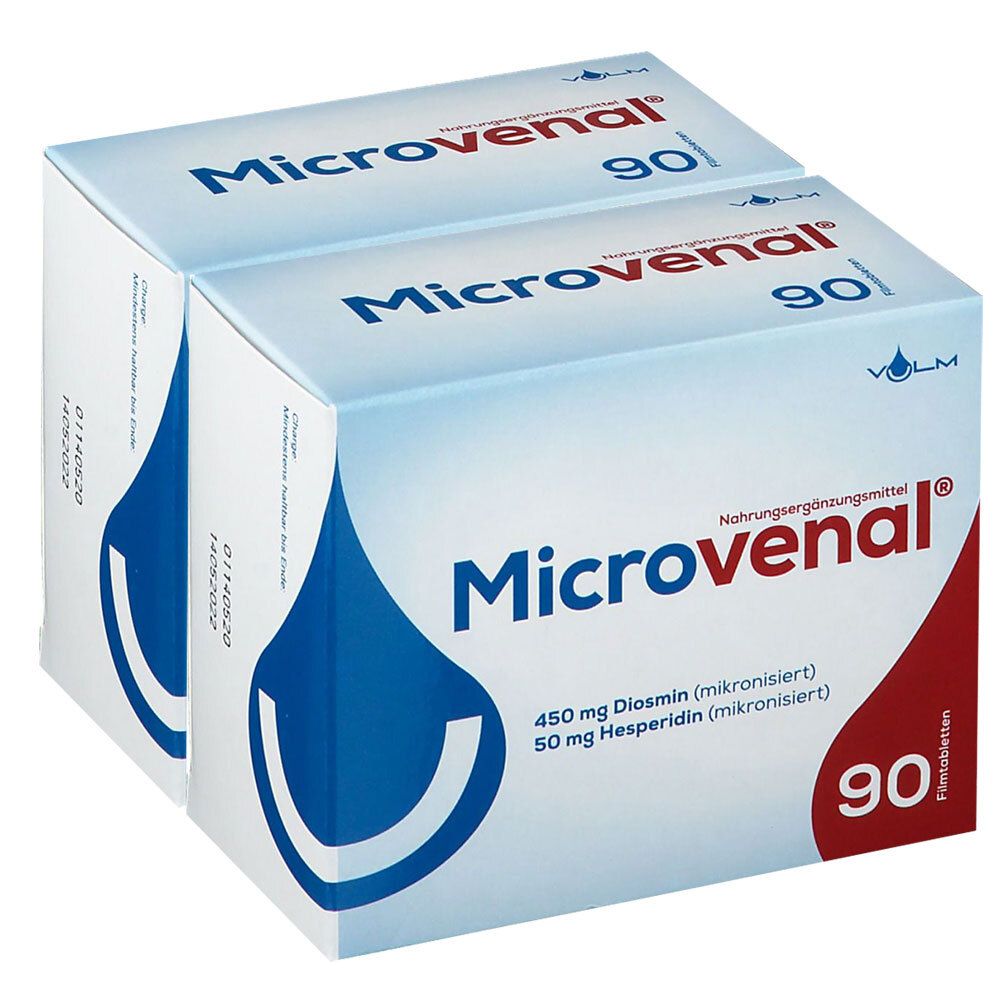 Zwei Packungen Microvenal®. Aufschrift: 450 mg Diosmin, 50 mg Hesperidin, 90 Filmtabletten. Nahrungsergänzungsmittel.