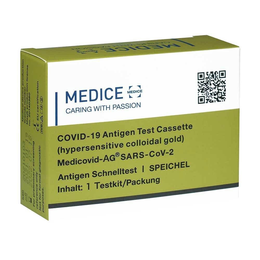Kartonverpackung des Medicovid-AG Corona Antigen Schnelltest Speichel. Aufschrift: MEDICE, COVID-19 Antigen Test Cassette, Antigen Schnelltest Speichel. Enthält 1 Testkit.