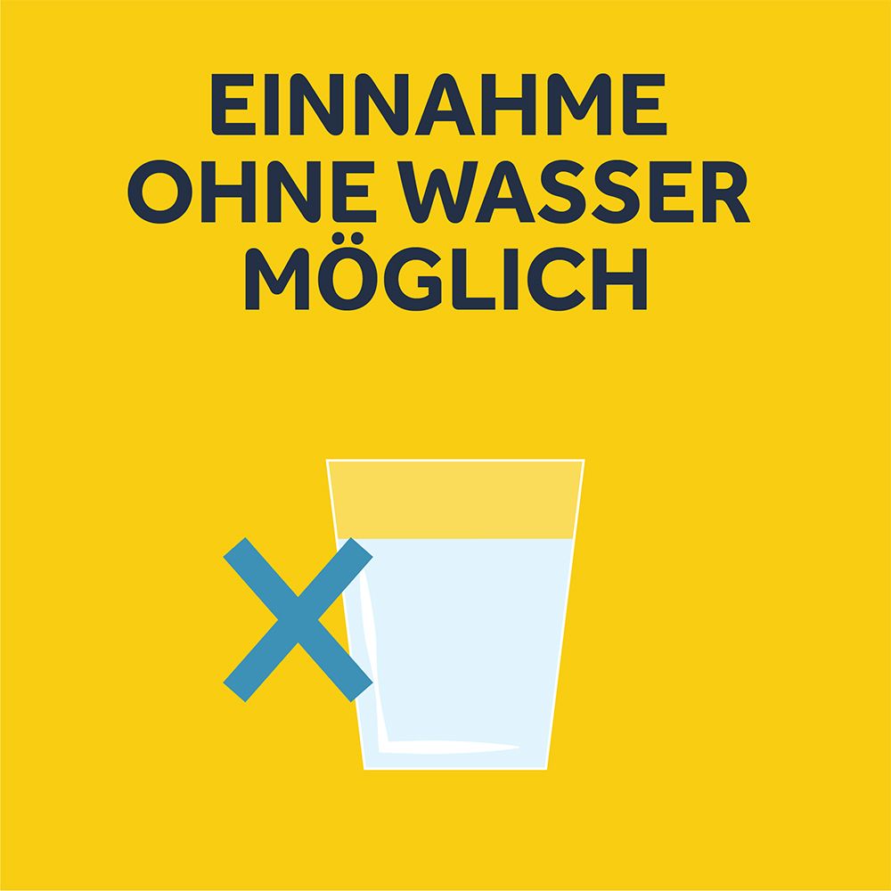 Glas Wasser mit blauem Kreuz. Text: Einnahme ohne Wasser möglich. Gelber Hintergrund.