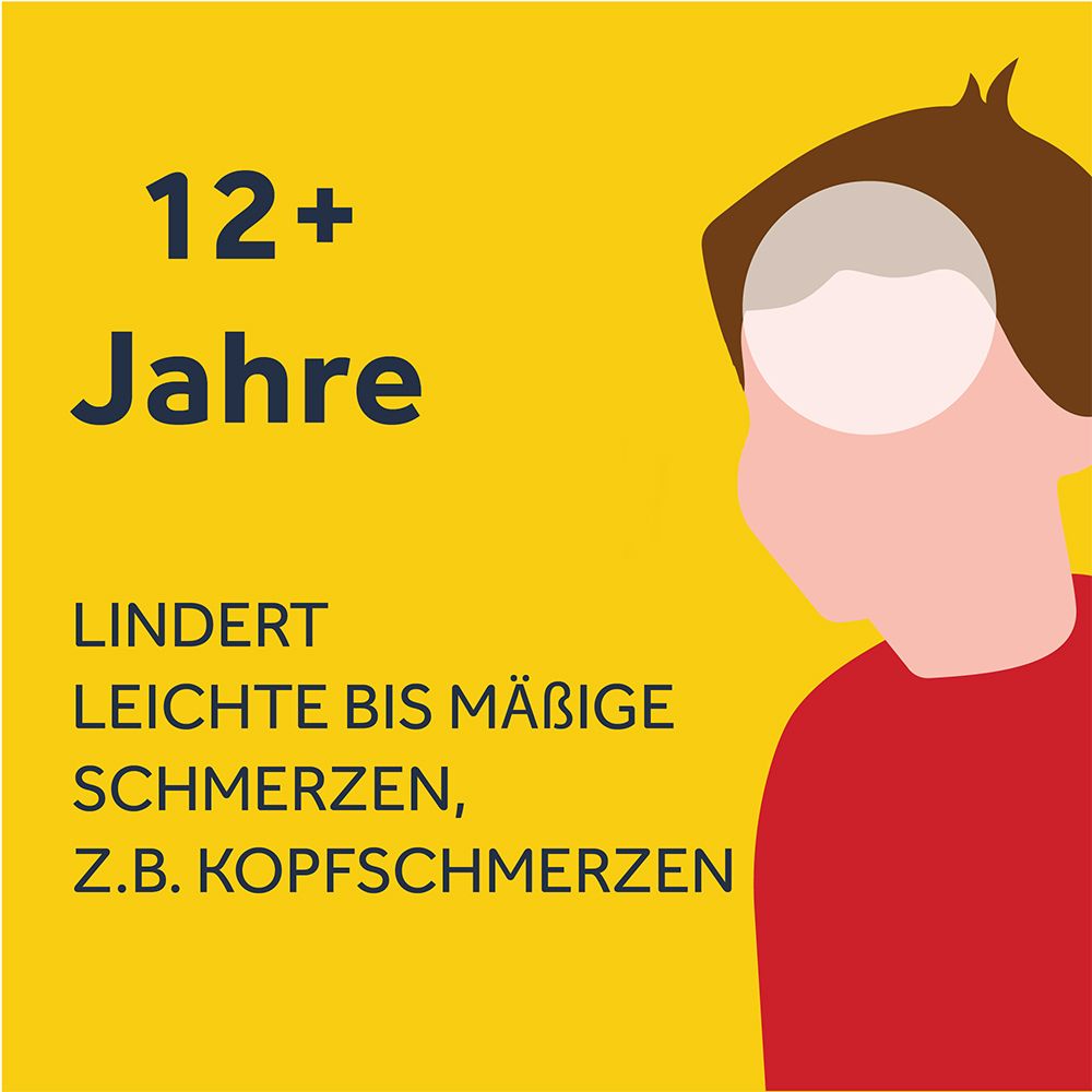 Kind mit Kopfschmerz-Symbol. Text: 12+ Jahre. Lindert leichte bis mäßige Schmerzen, z.B. Kopfschmerzen. Gelber Hintergrund.