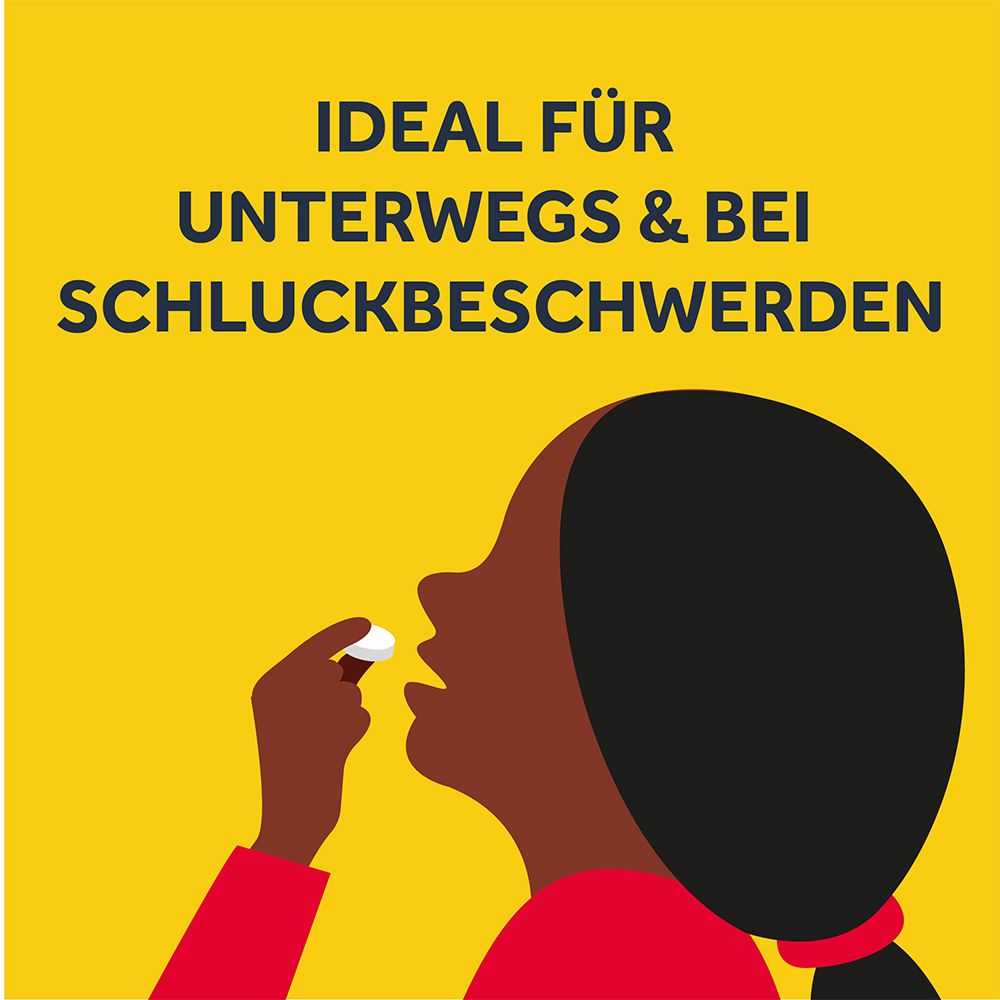 Profil einer Person, die eine Tablette einnimmt. Text: Ideal für unterwegs & bei Schluckbeschwerden. Gelber Hintergrund.