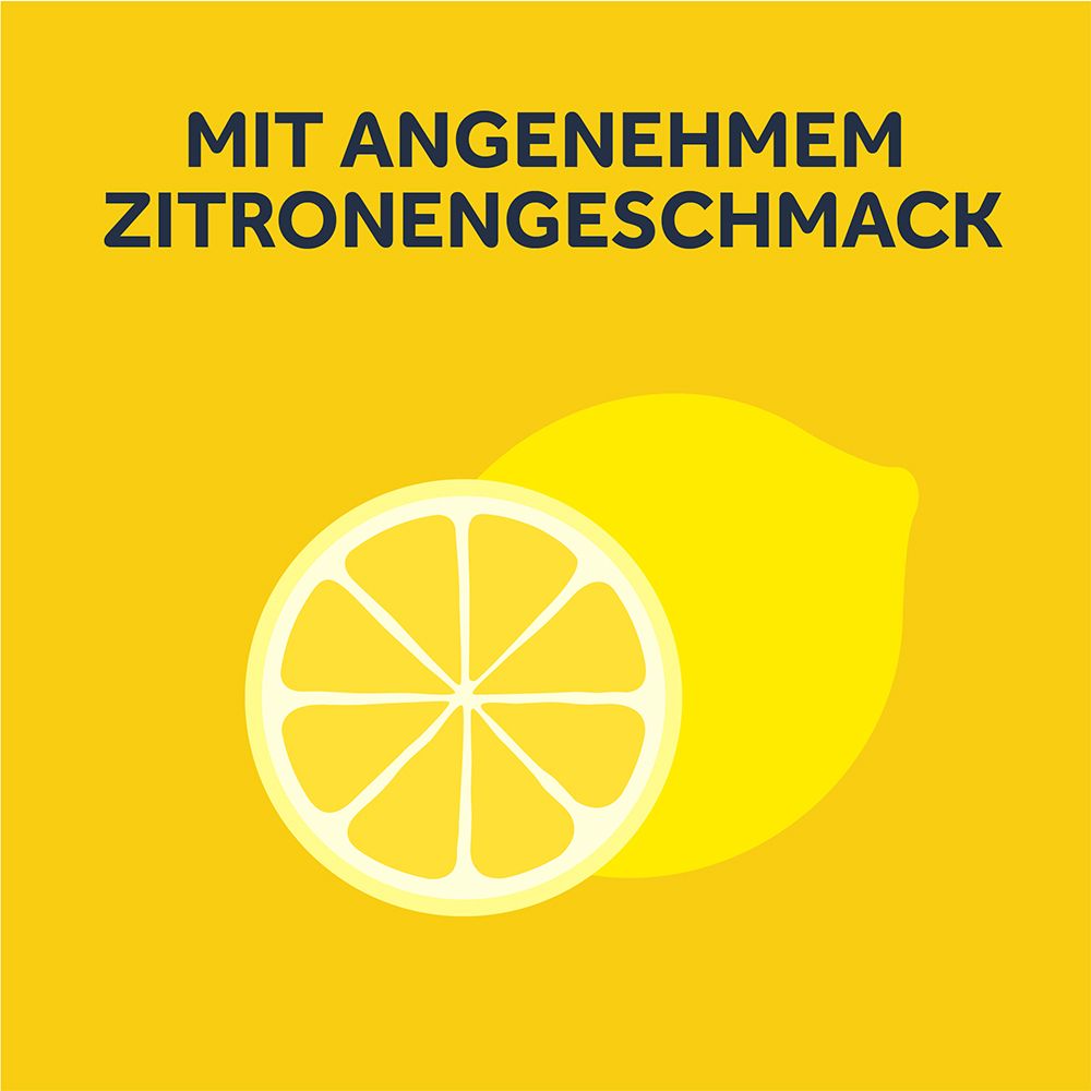Zitrone und halbe Zitrone. Text: Mit angenehmem Zitronengeschmack. Gelber Hintergrund.