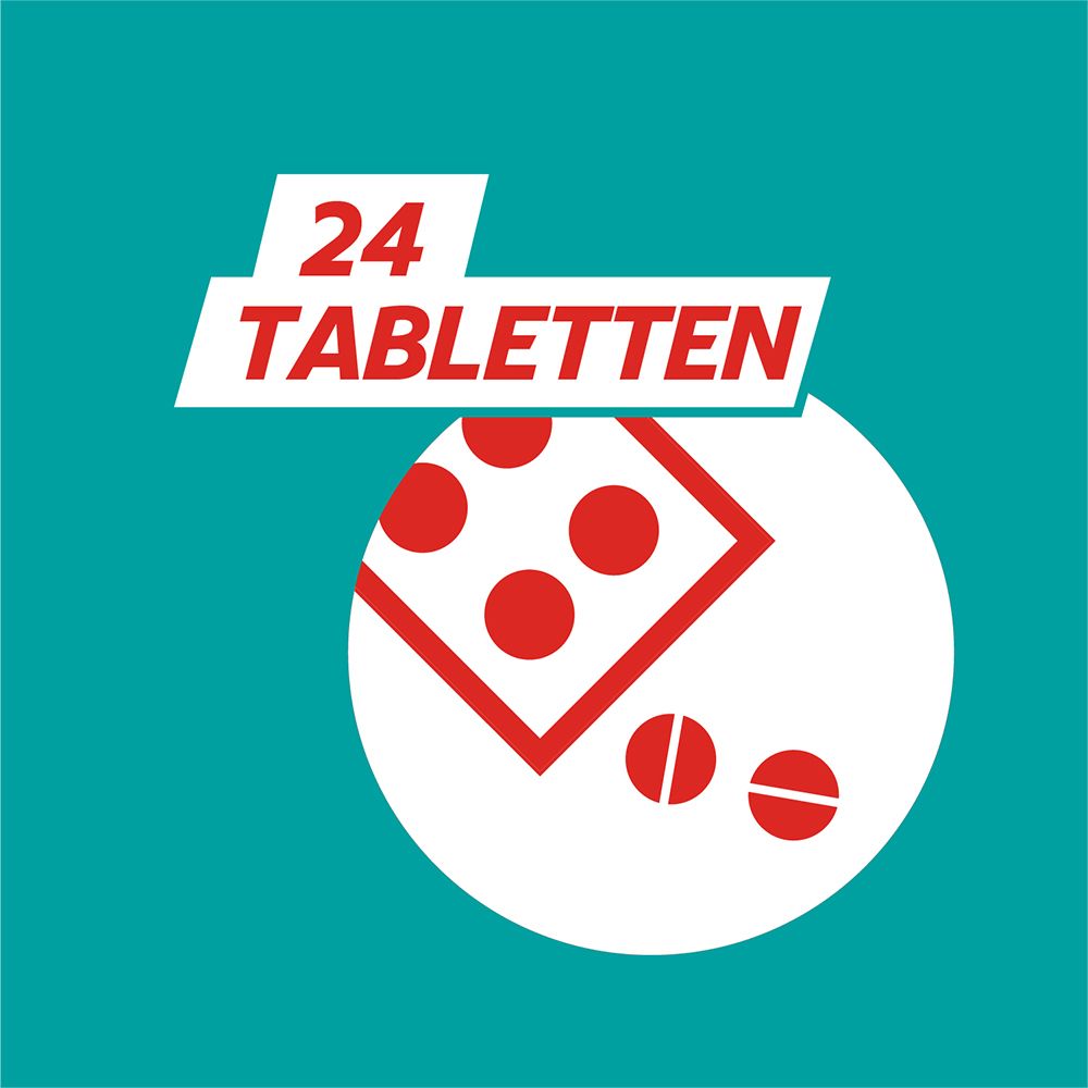 Symbolbild mit 24 Tabletten. Rote Tabletten in einer Packung. Text: 24 Tabletten.
