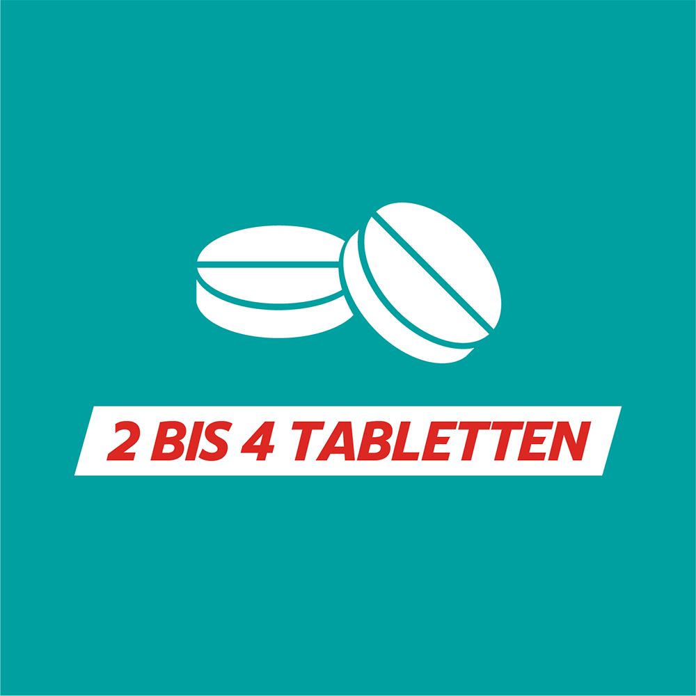 Zwei Tabletten mit einer Kerbe. Text: 2 bis 4 Tabletten.