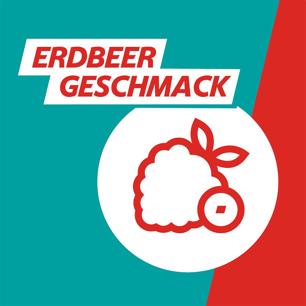 Erdbeere-Illustration. Text: Erdbeer Geschmack.