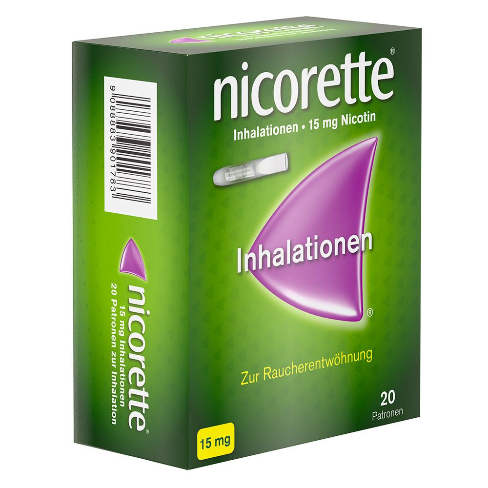 Schachtel nicorette® Inhalationen. Grün, mit lila Akzent. Enthält 20 Patronen. Aufschrift: 15 mg Nikotin.