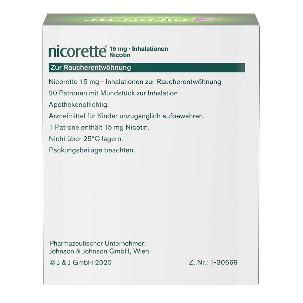 Rückseite der Schachtel nicorette® Inhalationen. Textinformationen: 15 mg, 20 Patronen, Apothekenpflichtig, Hersteller.