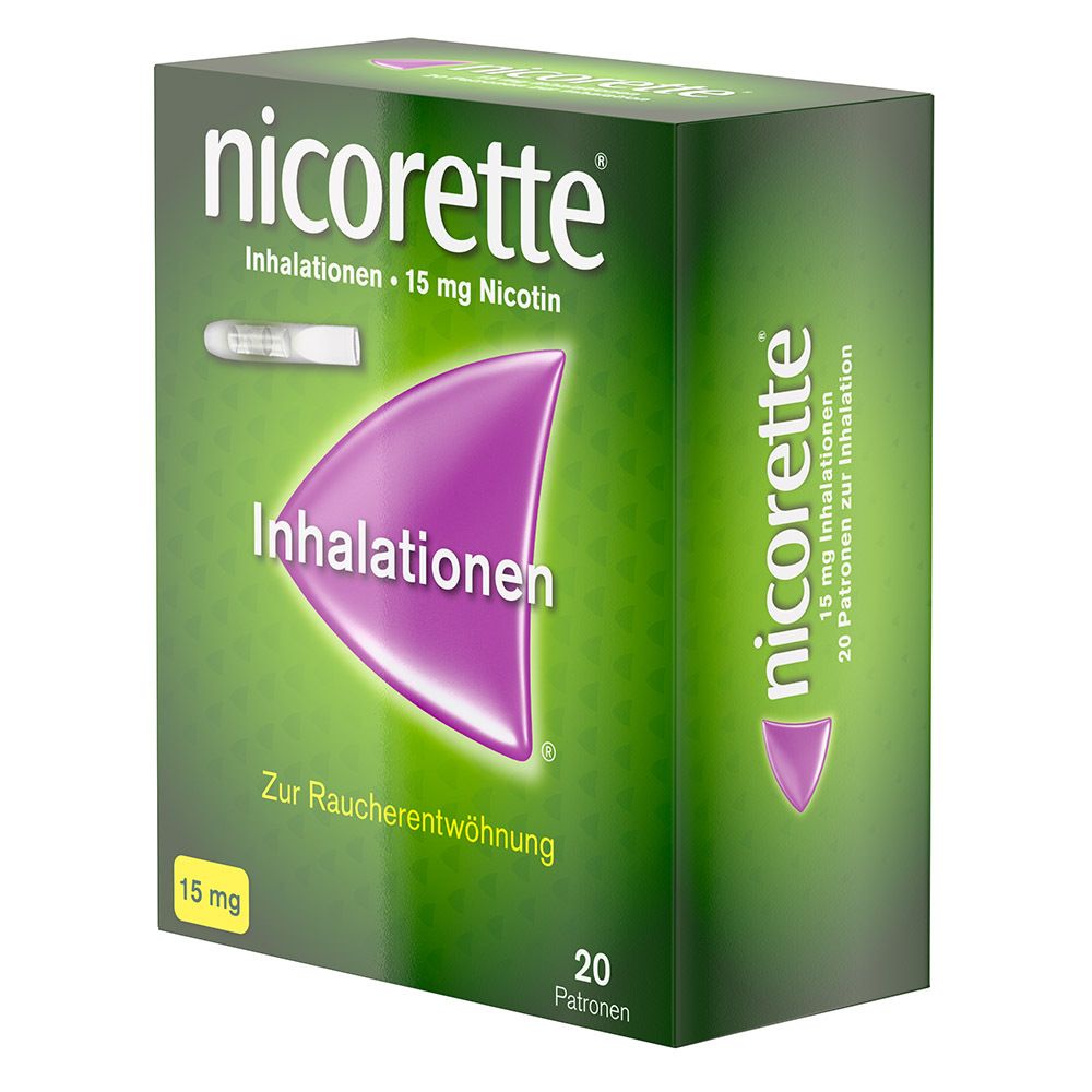 Schachtel nicorette® Inhalationen. Grün, mit lila Akzent. Enthält 20 Patronen. Aufschrift: 15 mg Nikotin.