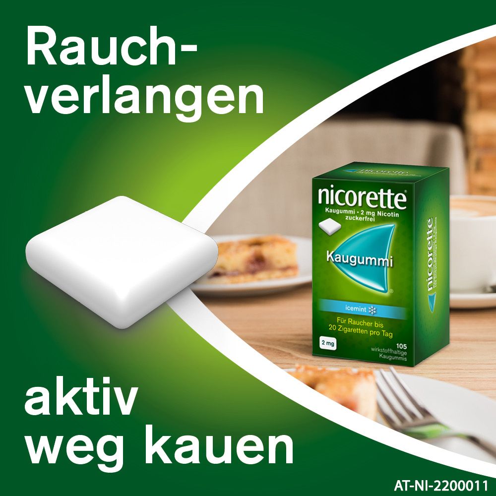 Kaugummi neben Schachtel nicorette® Kaugummi icemint 2mg. Text: Rauchverlangen, aktiv weg kauen. Hintergrund: Café.