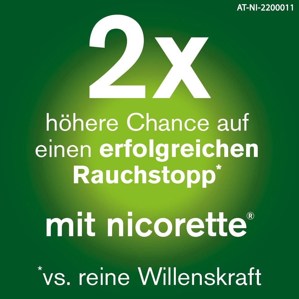 Text: 2x höhere Chance auf erfolgreichen Rauchstopp mit nicorette®. Text: *vs. reine Willenskraft. Grüner Hintergrund.