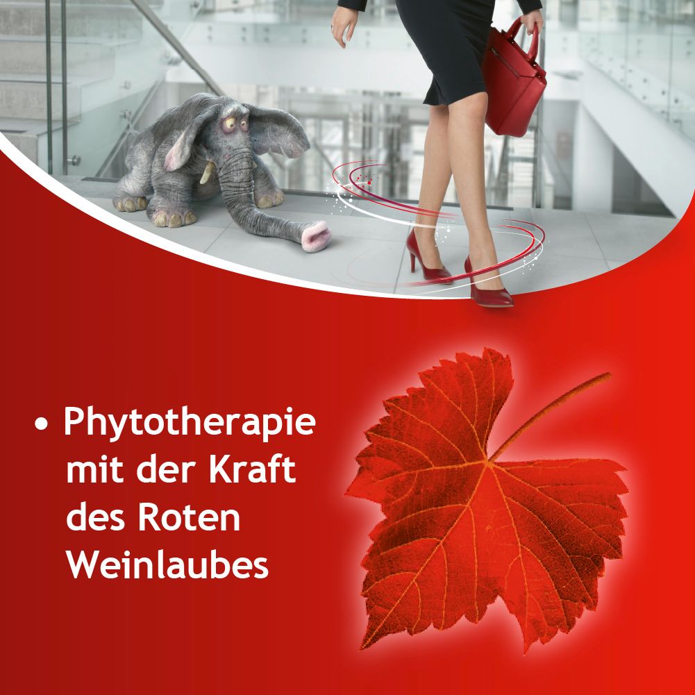 Beine einer Frau, rotes Weinblatt. Text: Phytotherapie mit der Kraft des Roten Weinlaubes.