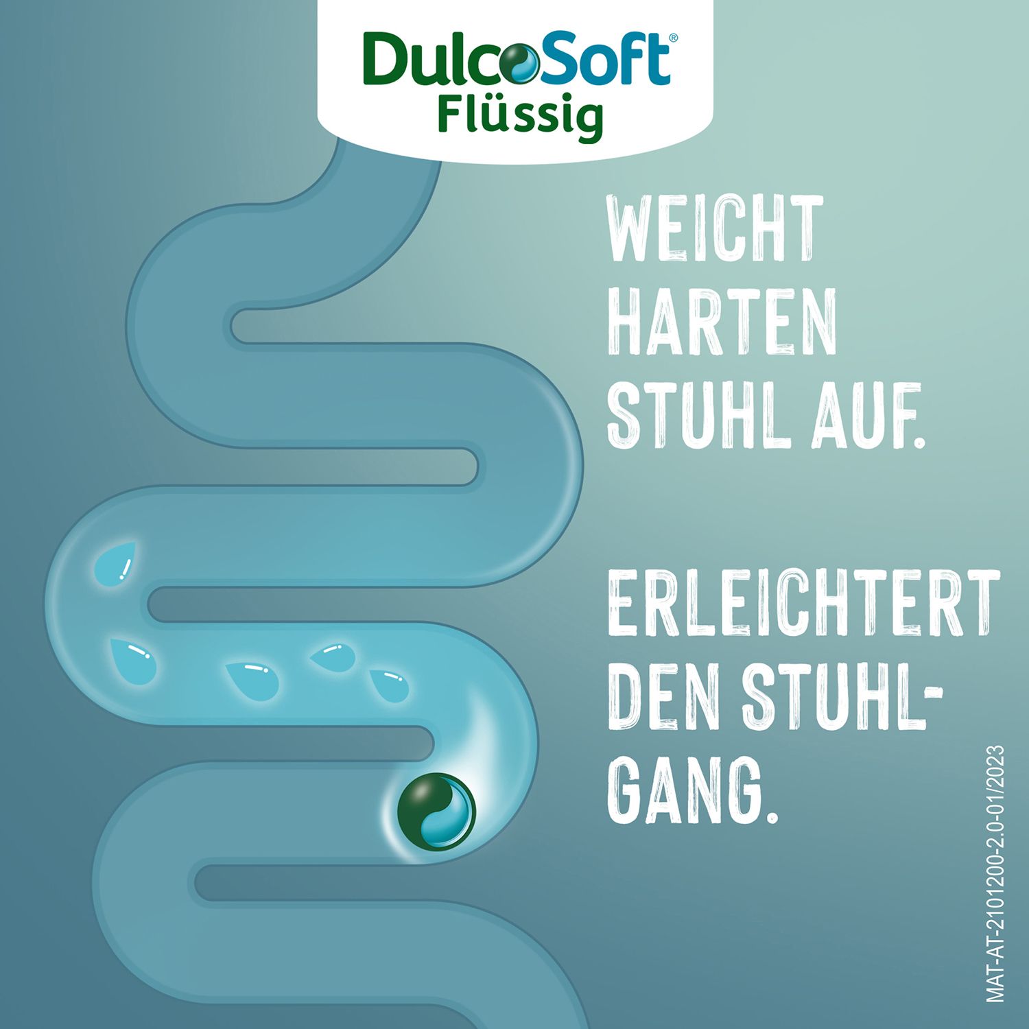 Grafische Darstellung des Darms. Text: Weicht harten Stuhl auf. Erleichtert den Stuhlgang. DulcoSoft Flüssig.