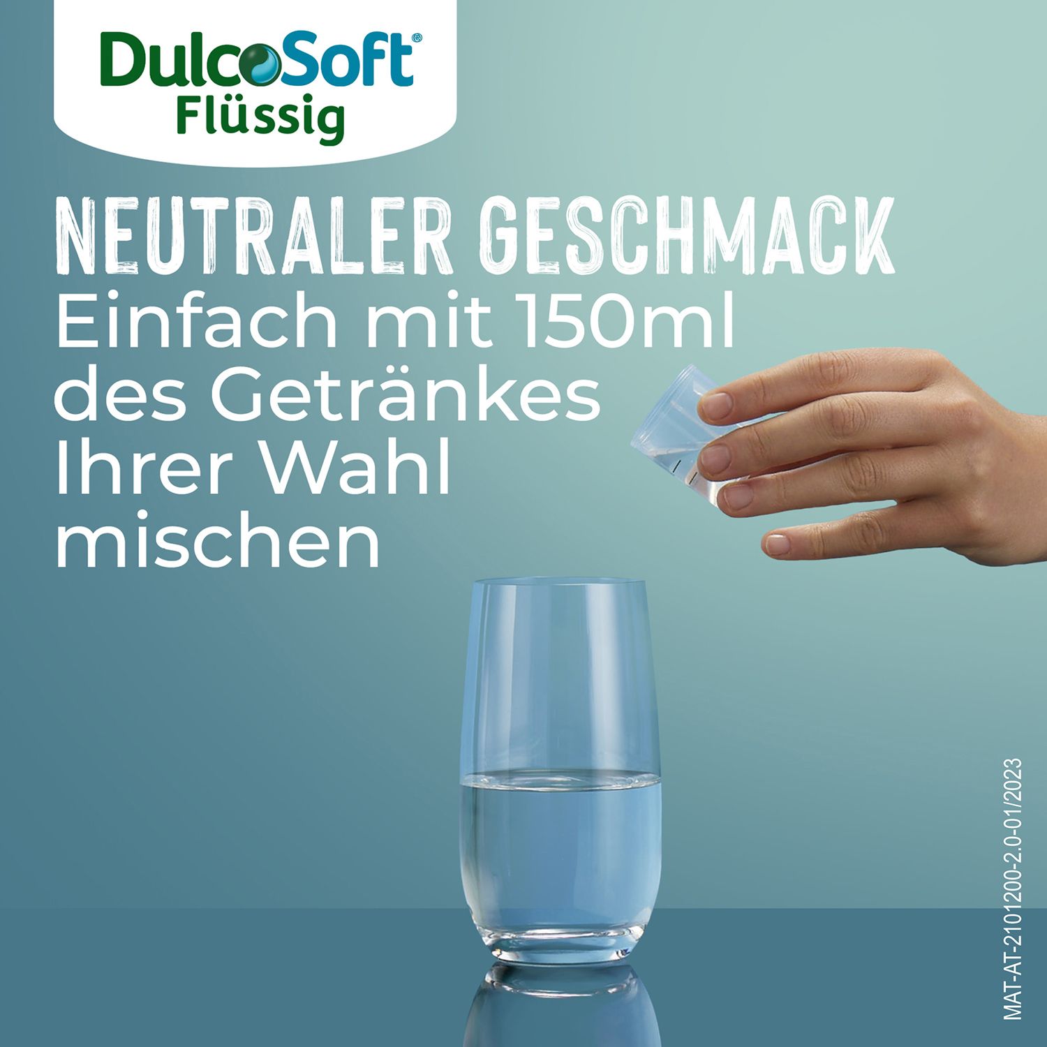 Hand gießt Flüssigkeit in ein Glas Wasser. Text: Neutraler Geschmack. Mischen Sie es mit 150 ml Ihres Getränks.