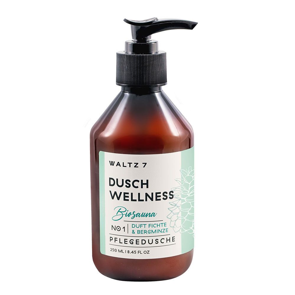 Braune Flasche mit schwarzem Pumpkopf. Etikett mit Produktbezeichnung und floralem Muster. "Pflegedusche".