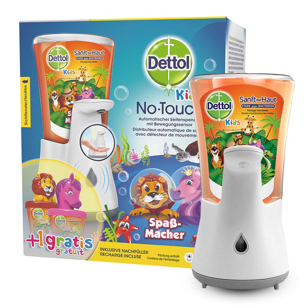 Dettol No-Touch Kids Seifenspender mit Nachfüller. Weißes Gehäuse, orangefarbene Seife. Verpackung mit Tierfiguren.