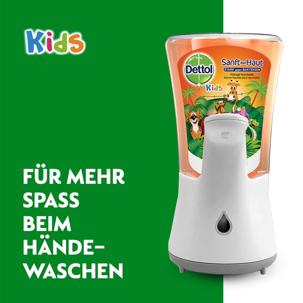 Dettol Kids No-Touch Seifenspender. Weißes Gehäuse, orangefarbene Seife. Text: Für mehr Spaß beim Händewaschen.