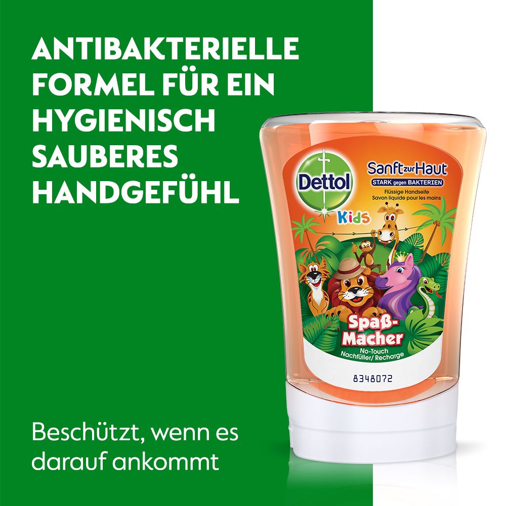 Dettol Kids Seife. Orangefarbene Flüssigseife mit Tierfiguren. Text: Antibakterielle Formel für ein hygienisch sauberes Handgefühl.