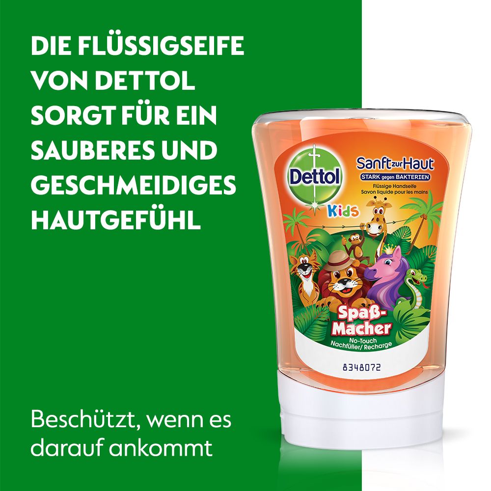 Dettol Kids Seife. Orangefarbene Flüssigseife mit Tierfiguren. Text: Die Flüssigseife von Dettol sorgt für ein sauberes Hautgefühl.