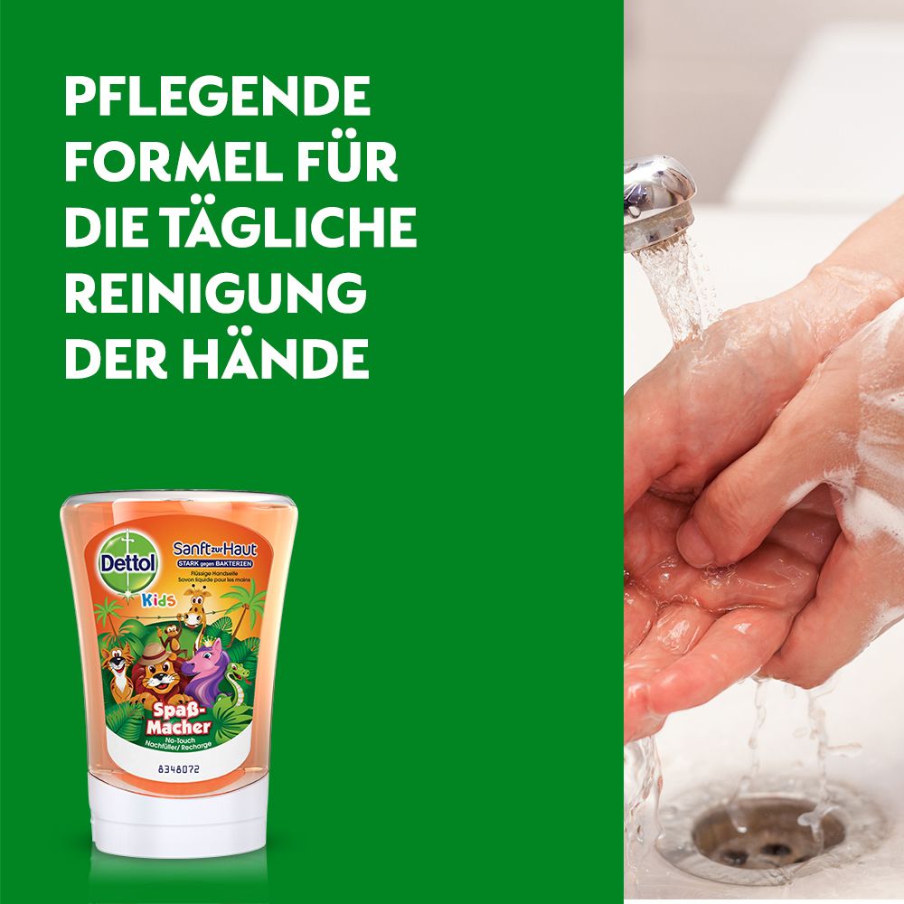 Hände unter fließendem Wasser. Dettol Kids Seife. Text: Pflegende Formel für die tägliche Reinigung der Hände.